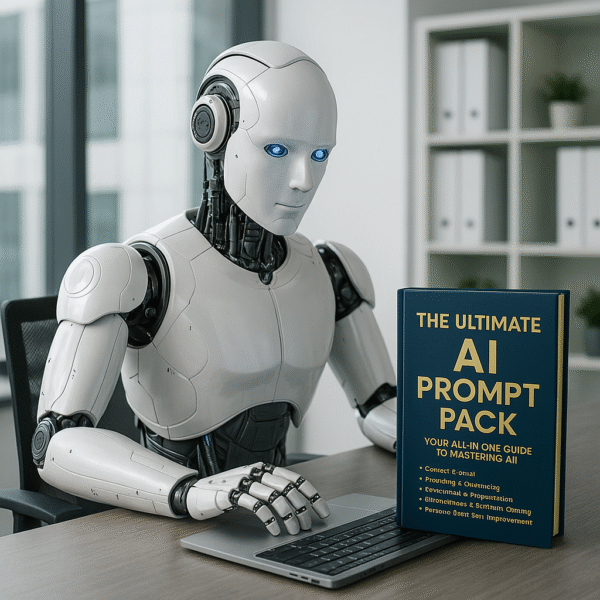 "3D illustration of a friendly robot holding two AI books: 'The Ultimate AI Prompt Pack' and 'The Power of Smart Questions'